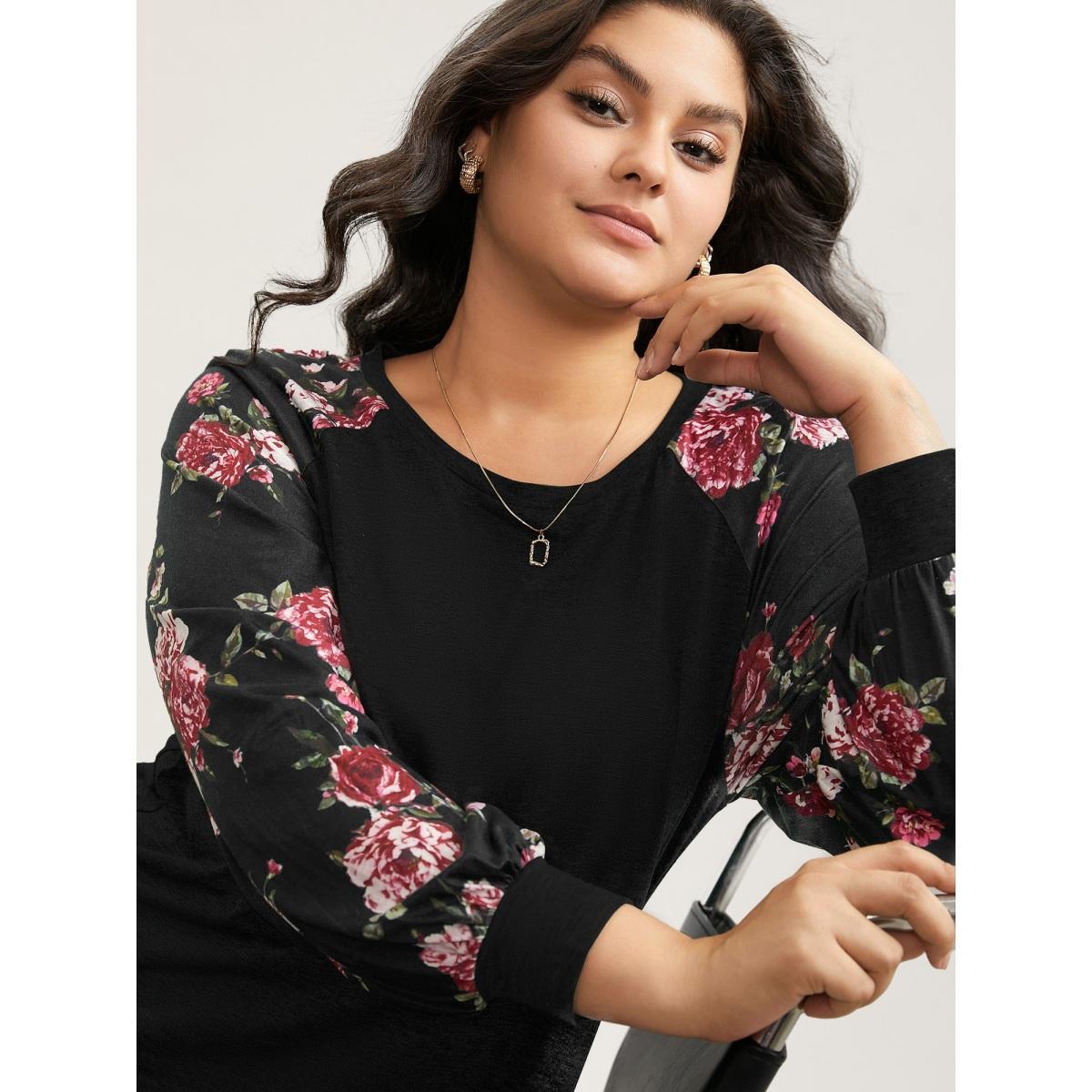 Plus Size Floral Patchwork Crew Neck Raglan Sleeve T-shirt Black Women Elegant Printed Floral Round Neck Dailywear T-shirts BloomChic 12/L Product Image