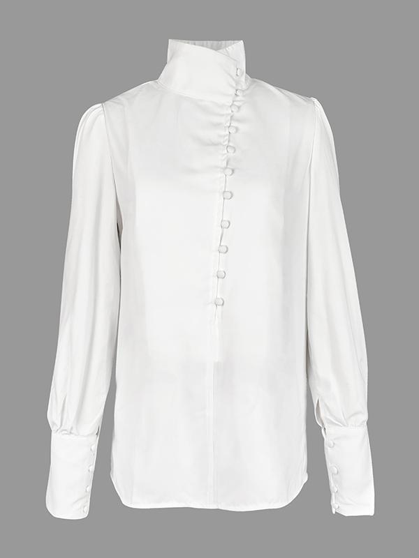 Long Sleeves Loose Solid Color Split-Joint High-Neck Blouses Product Image