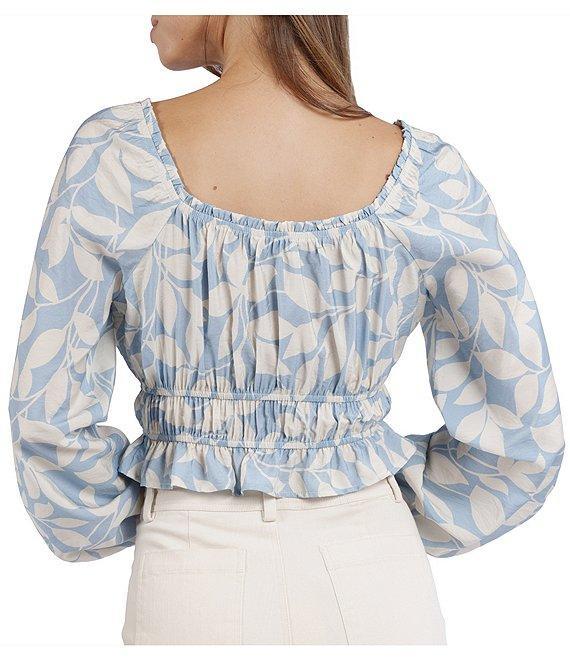 Sadie & Sage Printed Woven Scoop Neck Long Sleeve Smocked Waist Cropped Peplum Top Product Image
