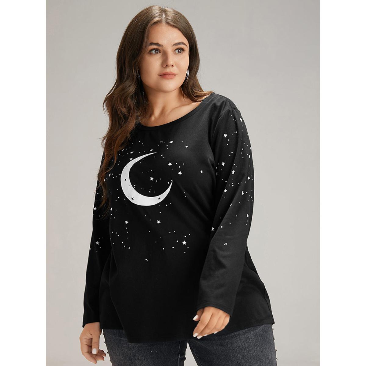 Plus Size Moon & Star Print Contrast T-shirt Black Women Casual Printed Star and moon Dailywear T-shirts BloomChic 14-16/1X Product Image