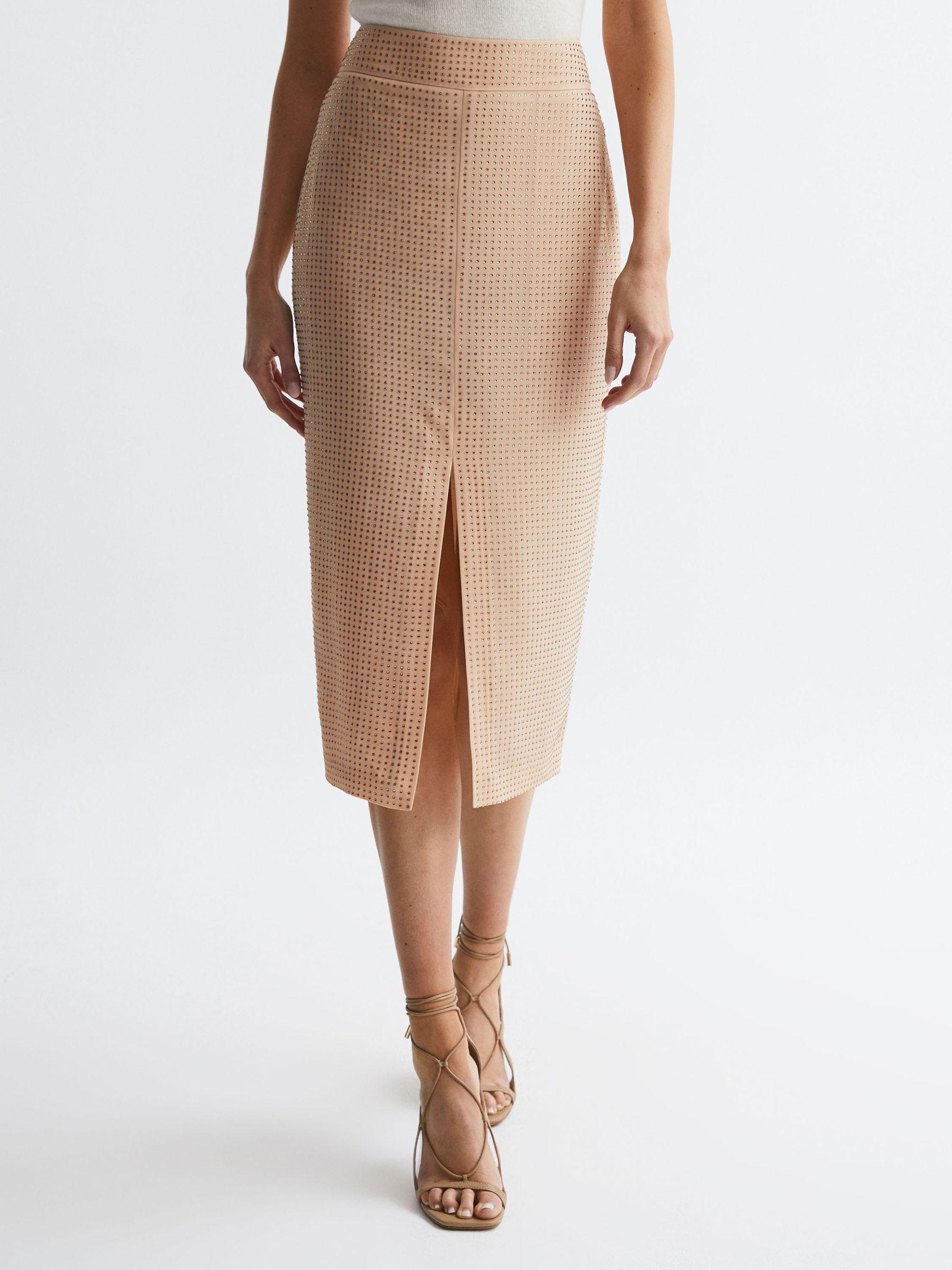 Embellished High Rise Midi Skirt in Nude Product Image