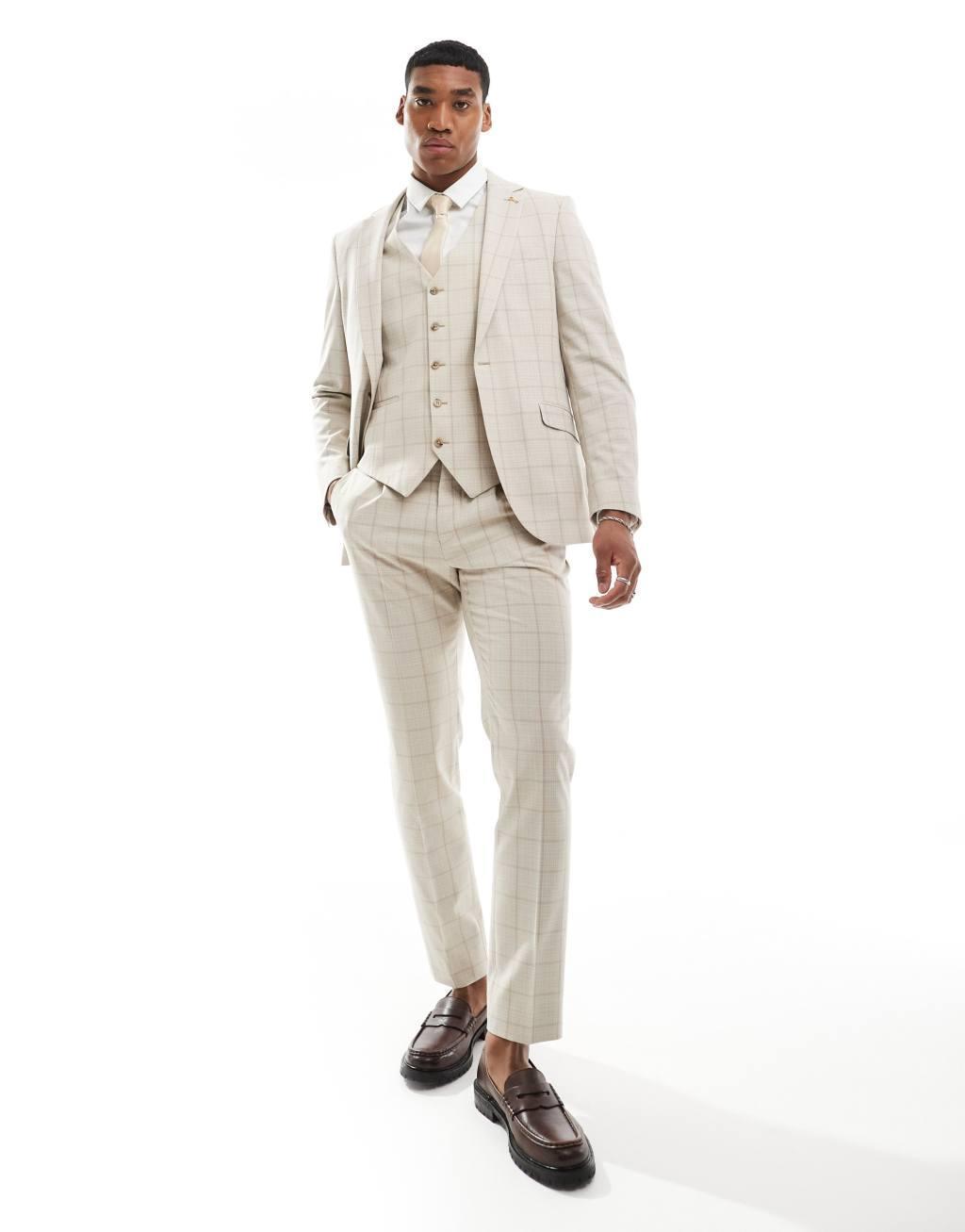 Shelby and Sons wainwright slim suit jacket in stone with windowpane check Product Image