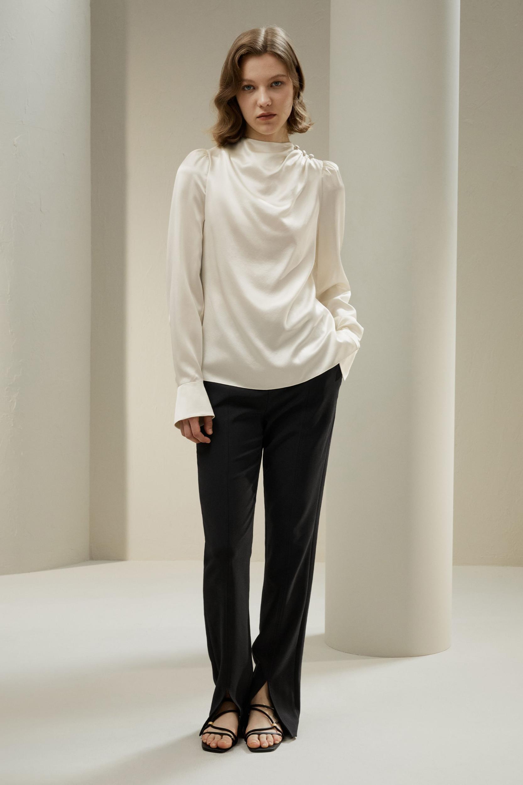 Asymmetrical Silk Blouse with Puff Sleeves Product Image