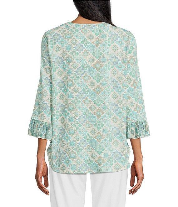 Multiples Georgette Printed Split V-Neck 3/4 Pleated Flounce Sleeve Knit Top Product Image