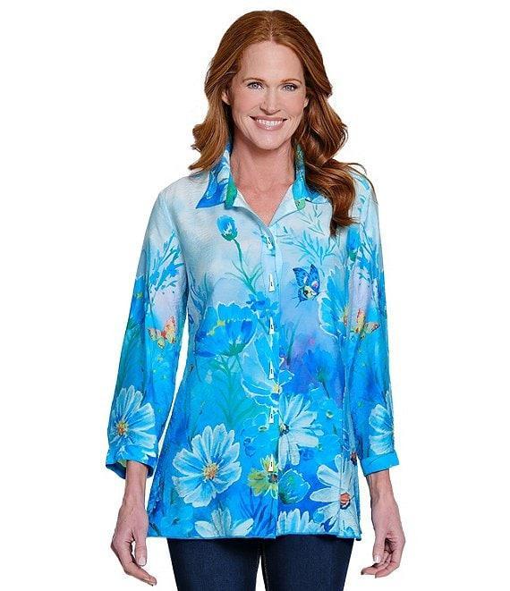 Ali Miles Floral Printed Point Collar 3/4 Sleeve Button Front Tunic Product Image