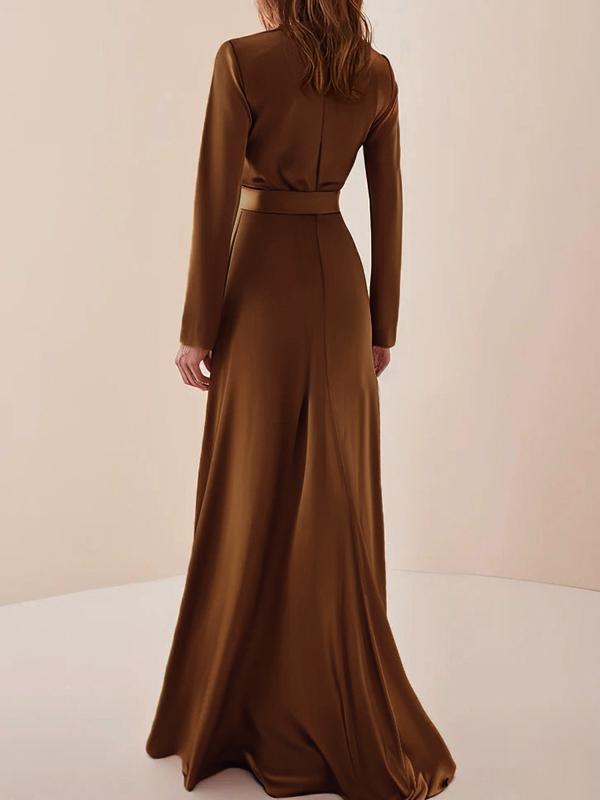 Long Sleeves Loose Pleated Shiny Solid Color Split-Joint Tied Waist High Neck Evening Dresses Maxi Dresses Product Image