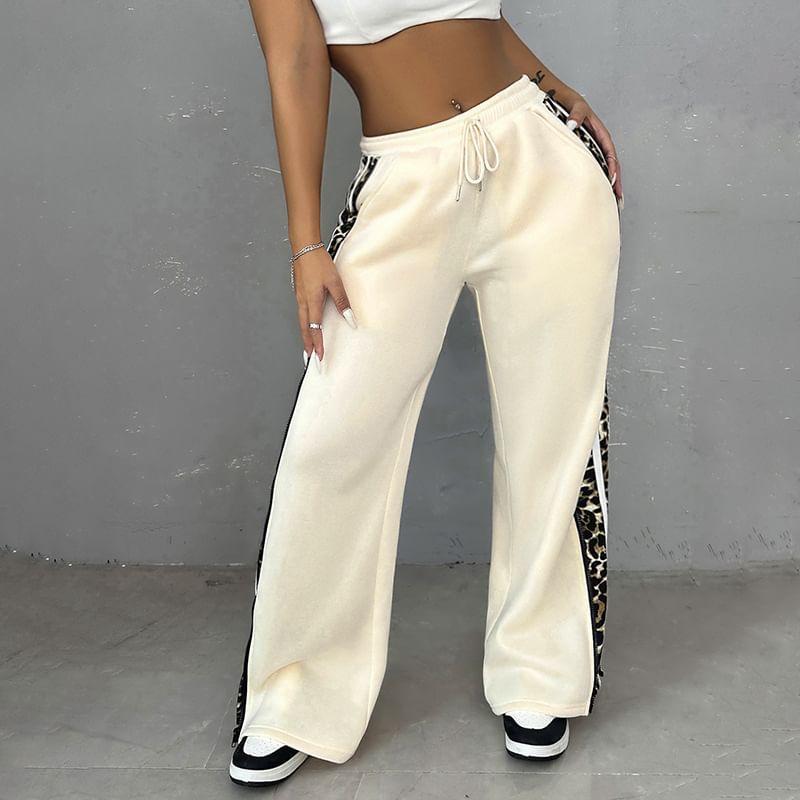 Elastic Waist Leopard Print Striped Panel Wide Leg Sweatpants Product Image