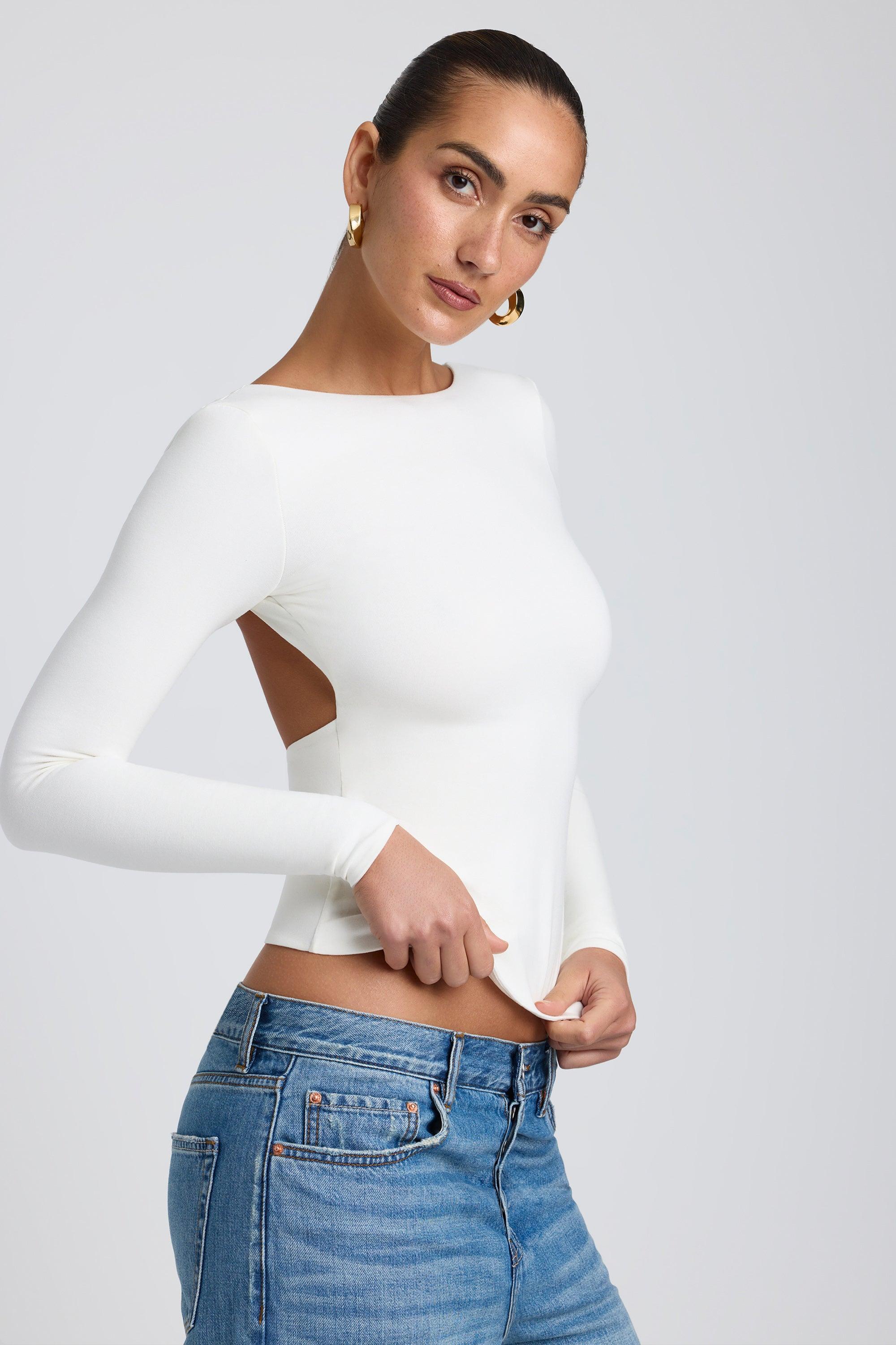 Modal High Neck Long Sleeve Open Back Top in White Product Image