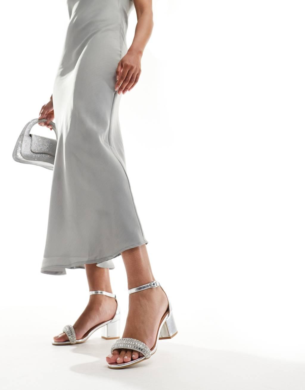 Truffle Collection block heel embellished strap sandals in silver Product Image