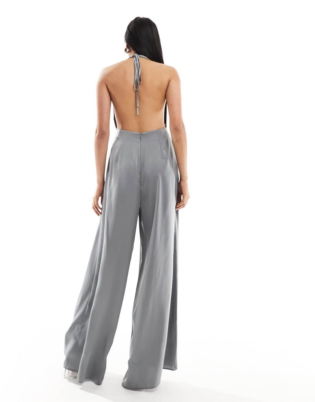 ASOS DESIGN satin cowl neck halter jumpsuit Product Image