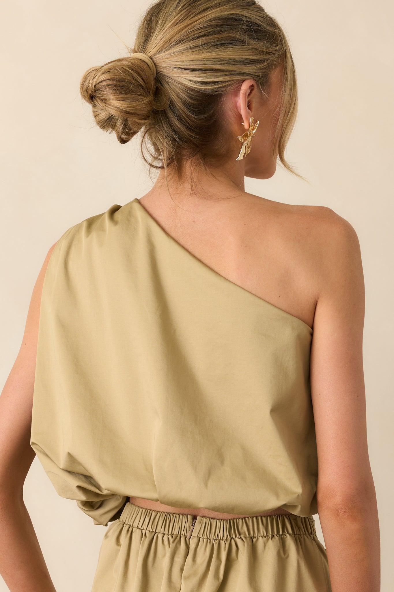 Get My Good Side Tan One Shoulder Bubble Hem Crop Top Product Image