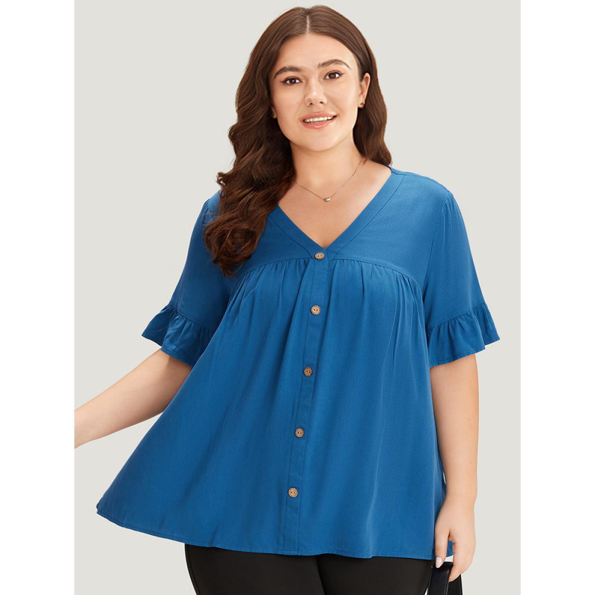 Plus Size Aegean Solid Flutter Trim Pleated Button Detail Blouse Women Office Short sleeve V-neck Work Blouses BloomChic 30/6X Product Image