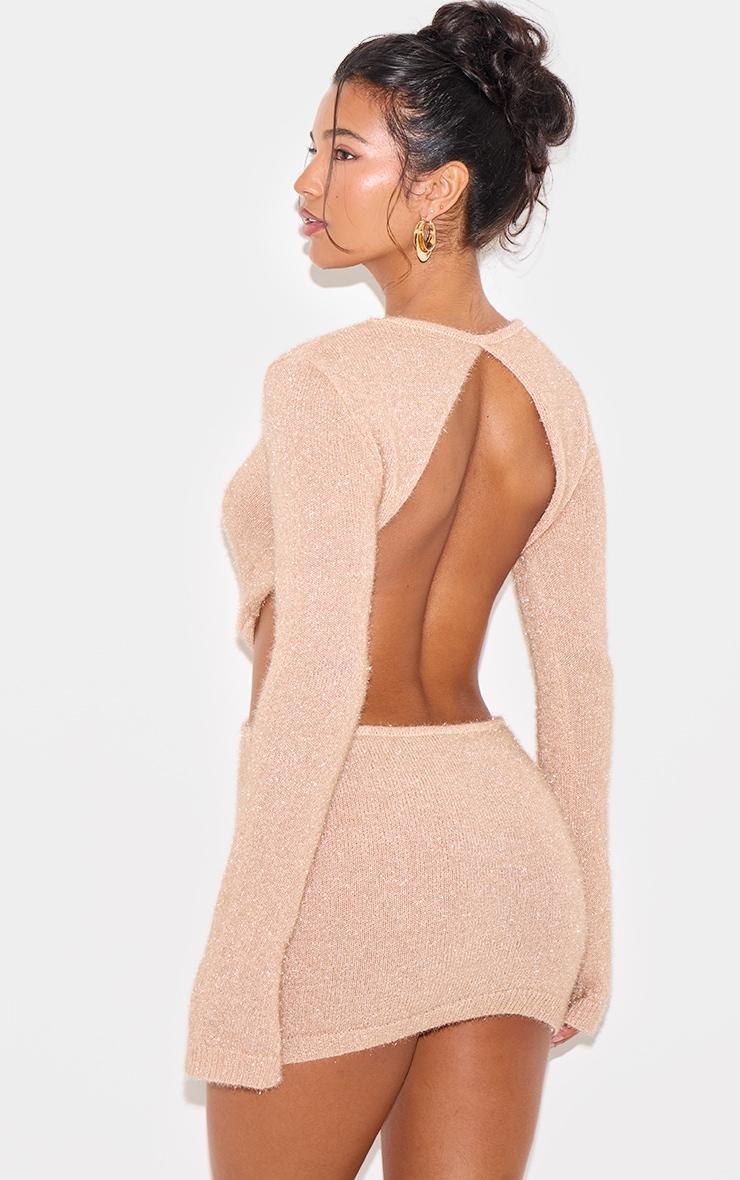 Champagne Tinsel Knit Twist Front Open Back Mini Dress Product Image