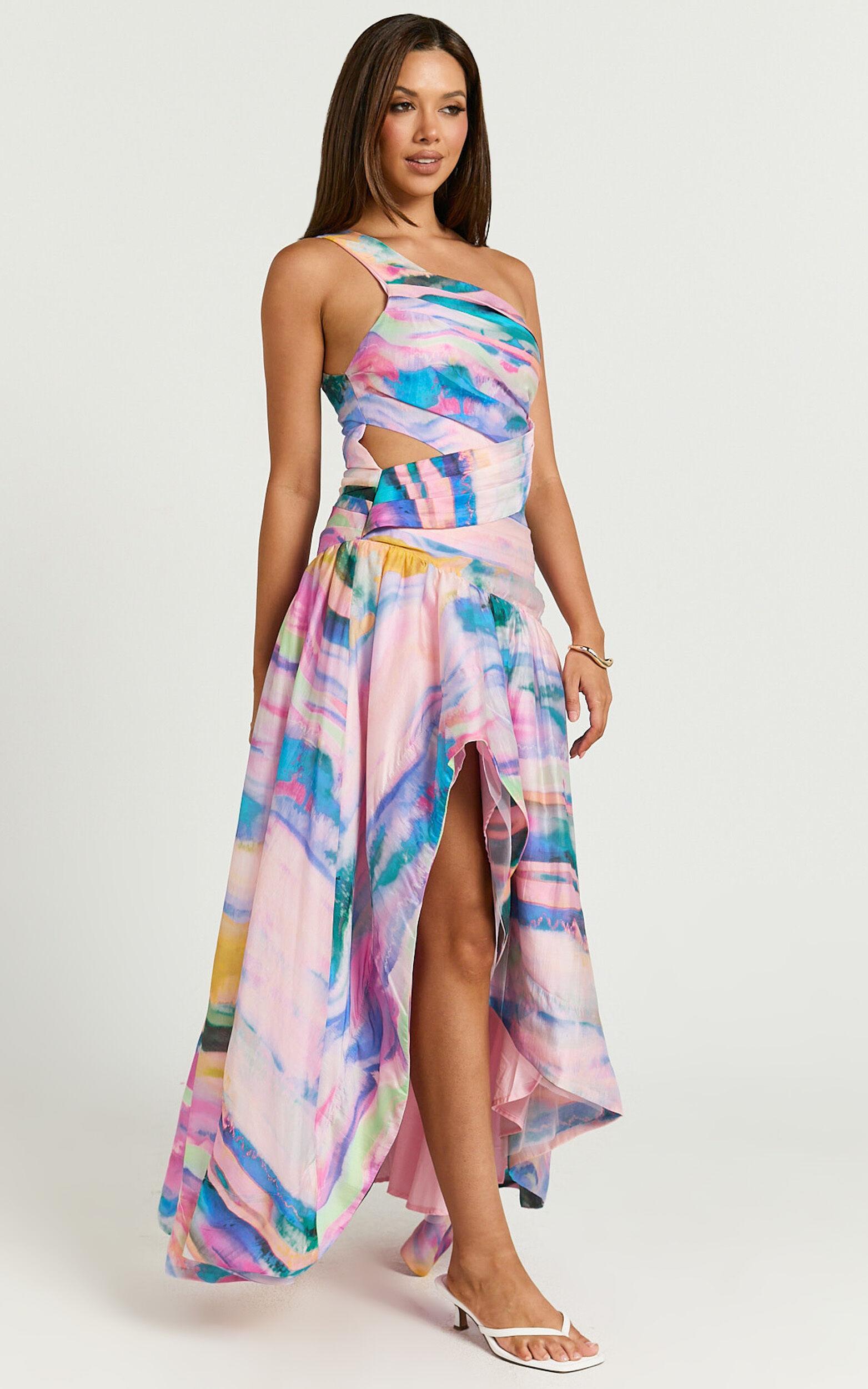 Amalie The Label - Keziah One Shoulder Asymmetric Midi Dress in Abstract Sunset Print Product Image