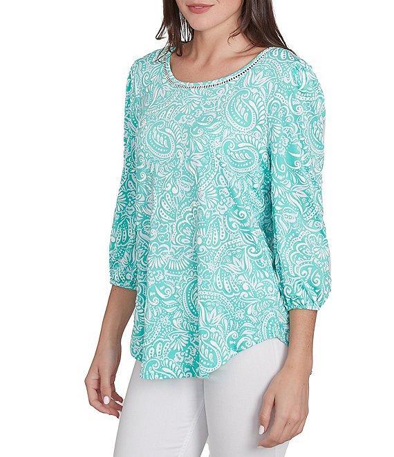 Ruby Rd. Knit Mixed Pattern Print Ladder Stitch Scoop Neck 3/4 Sleeve Top Product Image