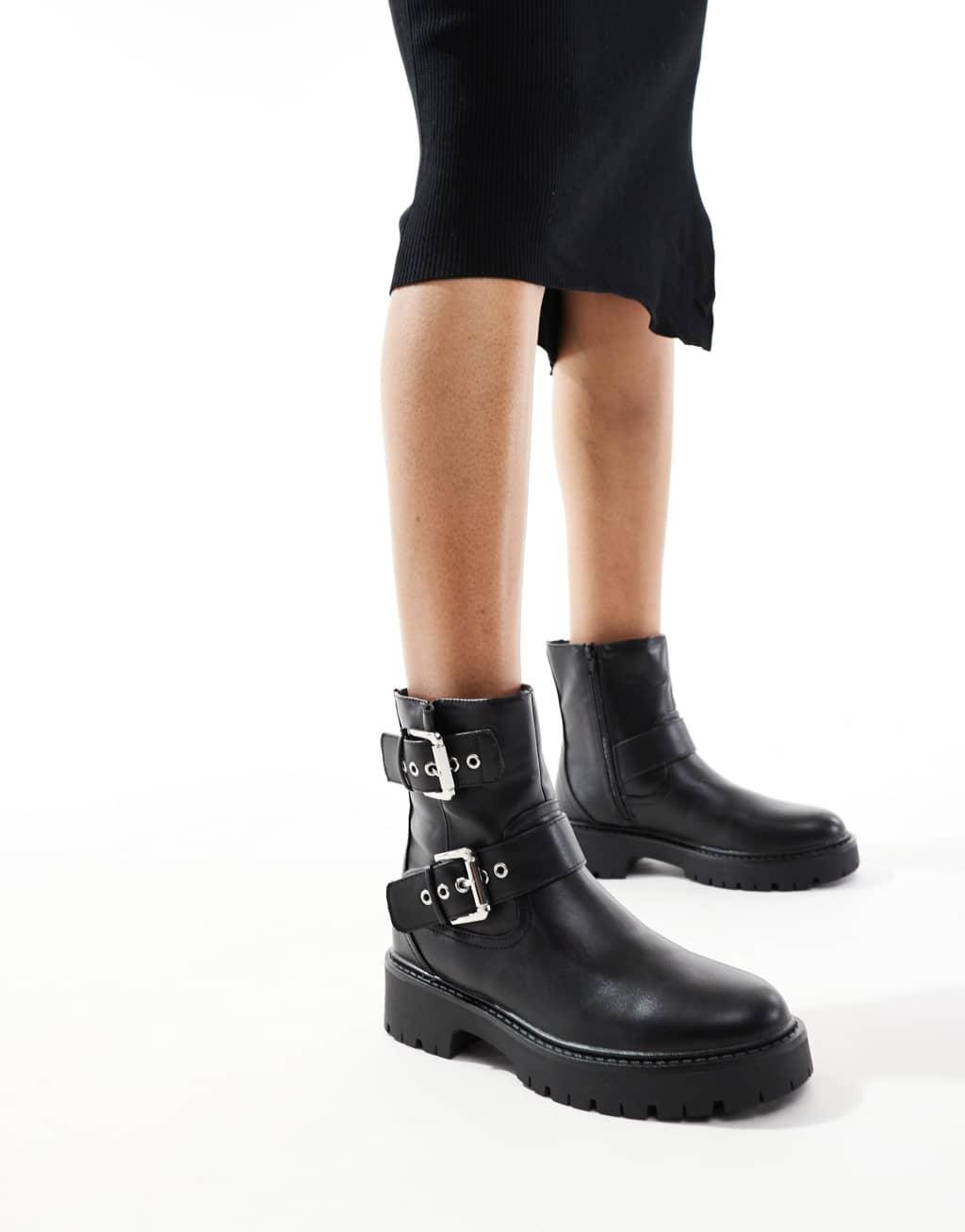 London Rebel Keely buckle biker ankle boots in black  Product Image