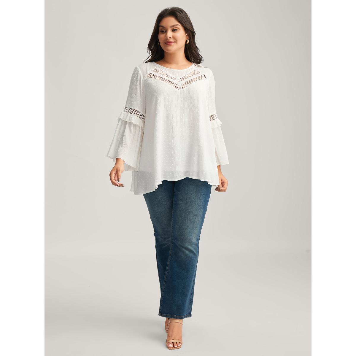 Plus Size WhiteSmoke Lace Trim Textured Flowy Solid Blouse Women Long Sleeve Round Neck Everyday-Elegant Blouses BloomChic 10/M Product Image