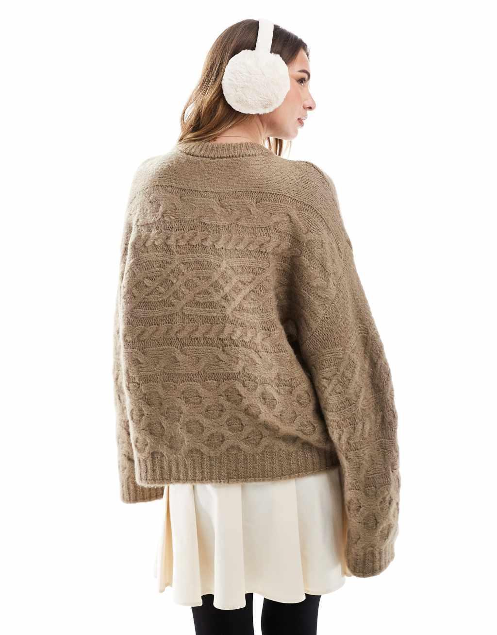 ASOS DESIGN 3D cable knit sweater with wide cuff in oatmeal Product Image