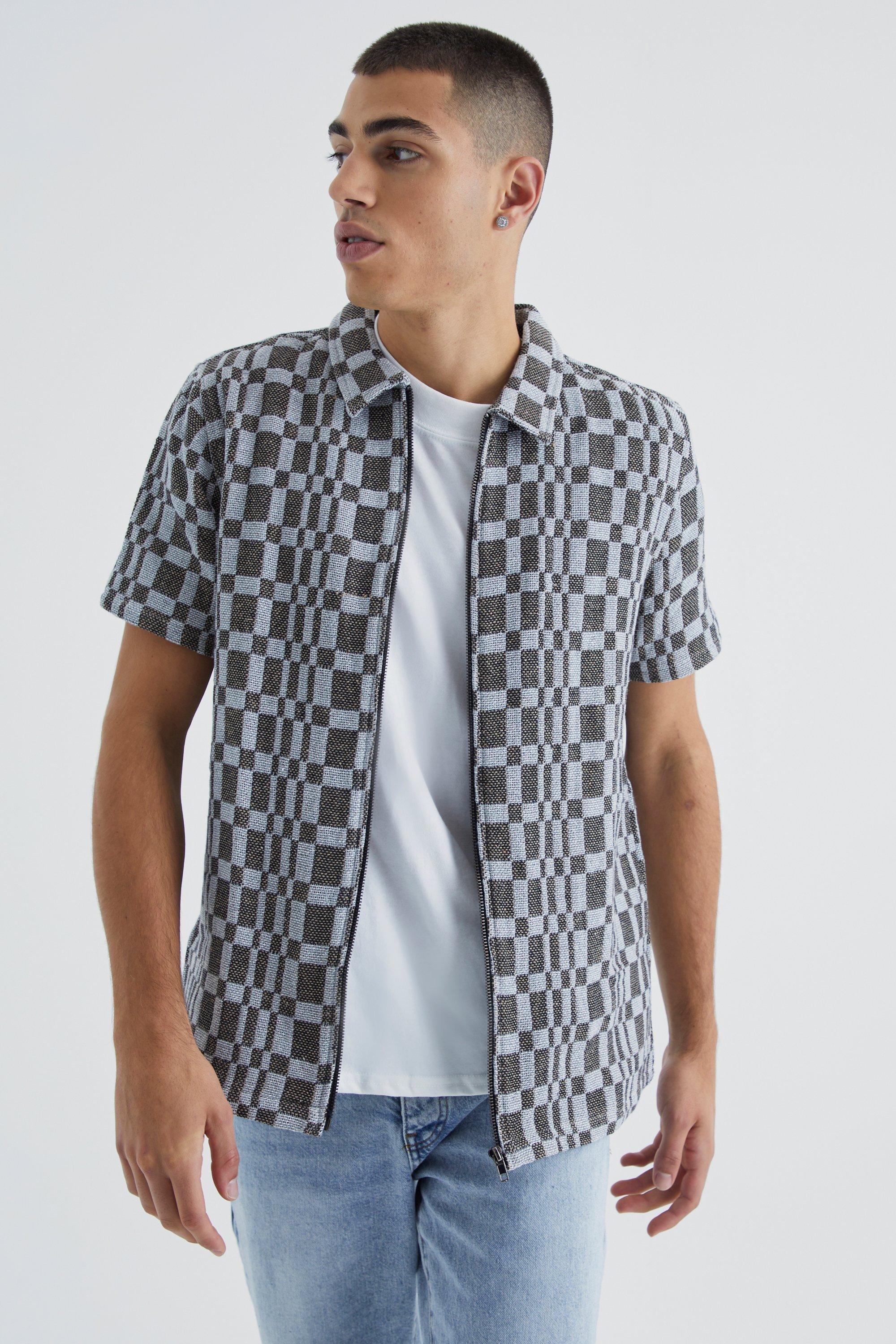 Short Sleeve Zip Through Space Dye Plaid Overshirt | boohooMAN USA Product Image