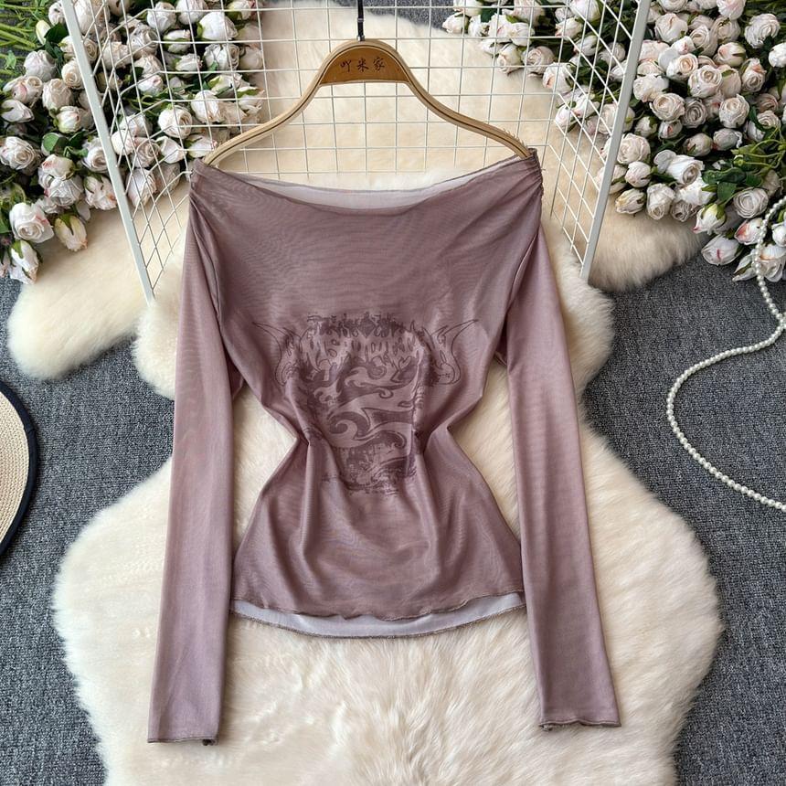 Set: Long-Sleeve Boat Neck Graphic Print T-Shirt + Camisole Top Product Image