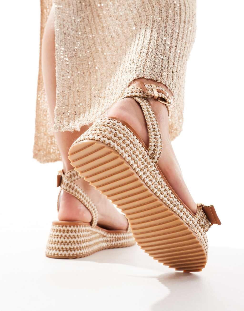 ASOS DESIGN Thermo buckle flatforms in tan weave Product Image