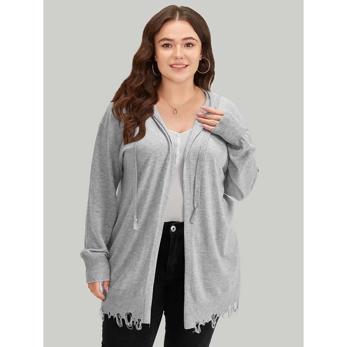 Plus Size Supersoft Essentials Solid Hooded Raw Hem Drawstring Cardigan LightGray Women Casual Loose Long Sleeve Dailywear Cardigans BloomChic 22-24/3X Product Image