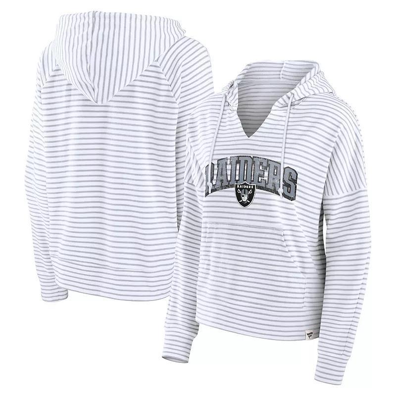 Womens Fanatics White/Gray Las Vegas Raiders Striped Notch Neck Pullover Hoodie Product Image