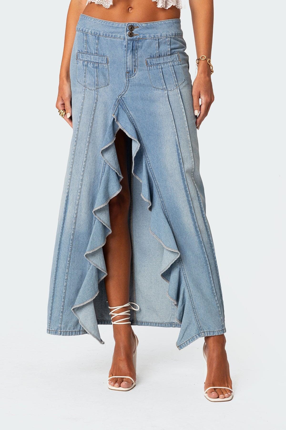 Valencia Ruffle Slitted Denim Maxi Skirt Product Image