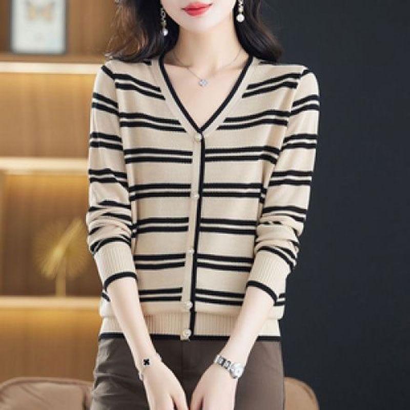 V-Neck Striped Cardigan Product Image