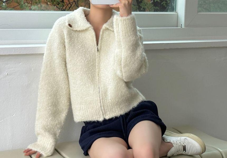 Collared Plain Fluffy Zip Up Crop Cardigan Product Image