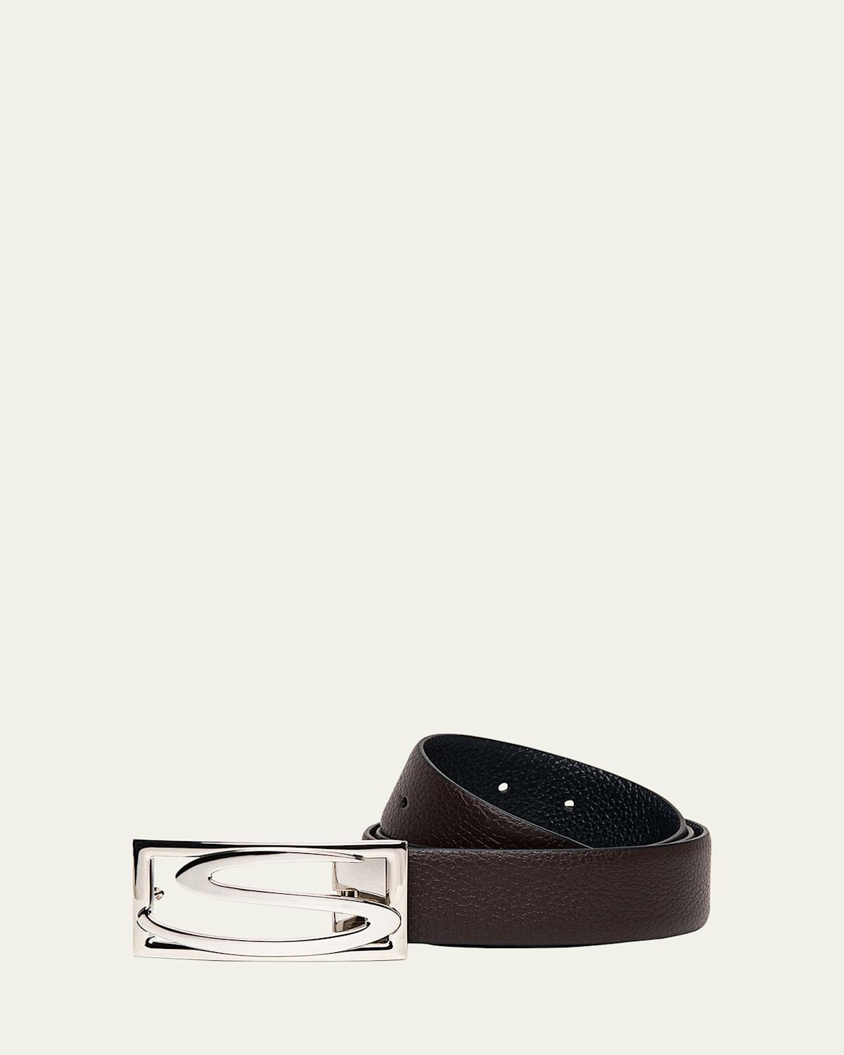 Mens Rectangle S-Buckle Reversible Leather Belt Product Image