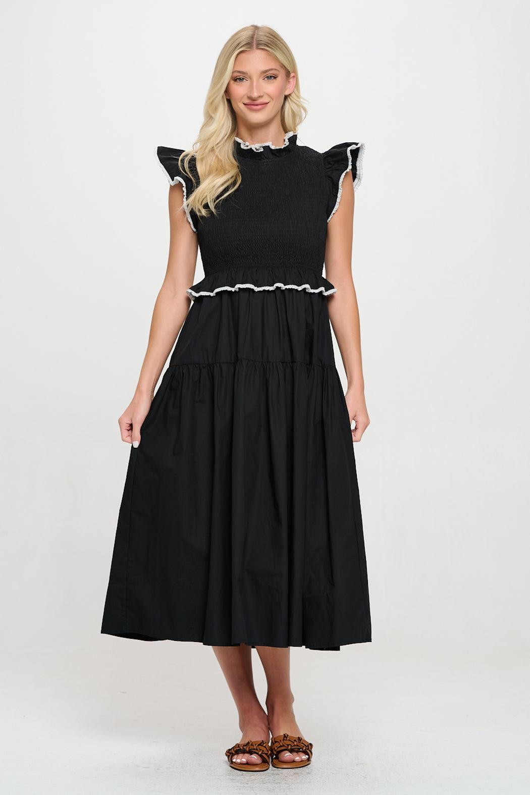 Black Poplin Crochet Trim Dress Product Image