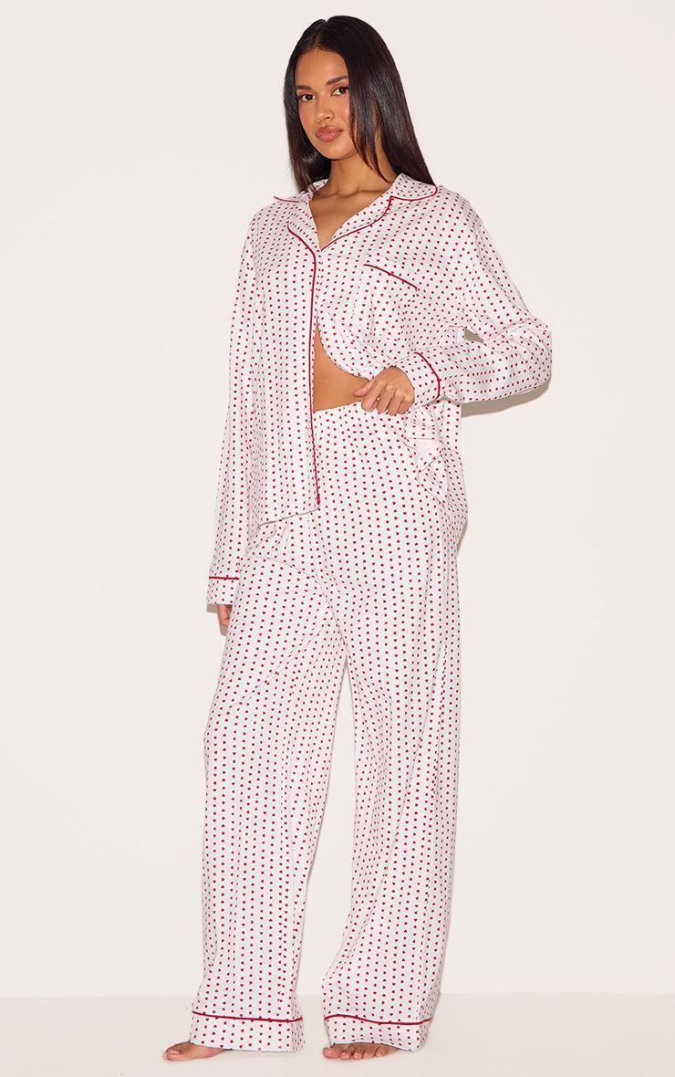 White Heart Print Jersey Piping Long Pj Set Product Image