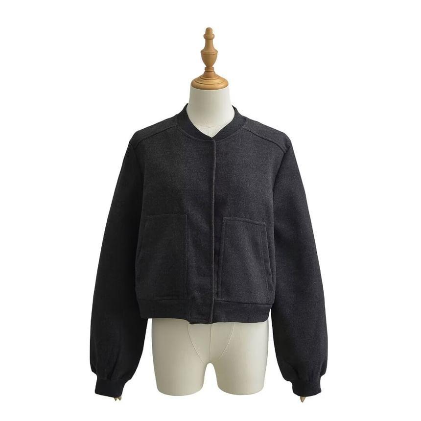 Plain Cropped Button Bomber Jacket Product Image