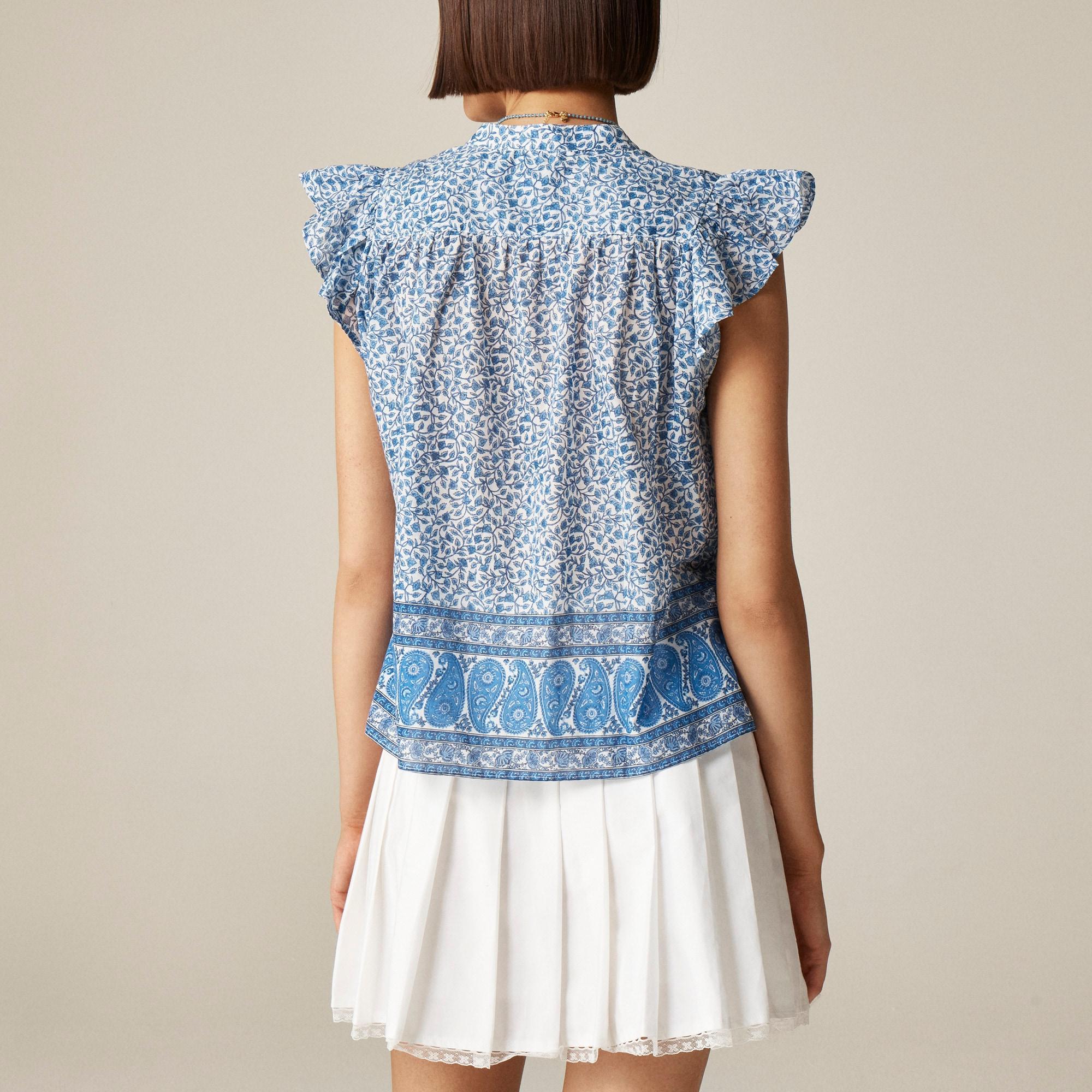 Flutter-sleeve button-up shirt in block-print cotton voile Product Image