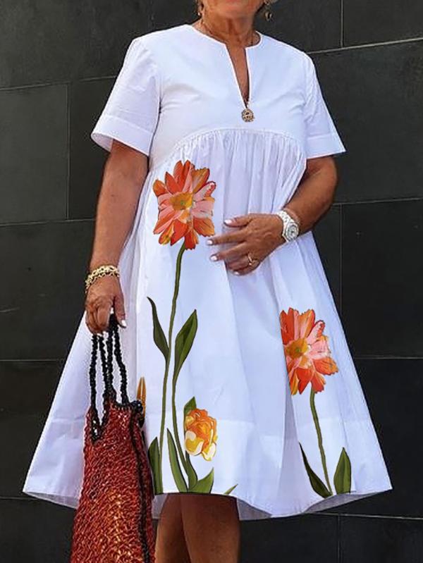 A-Line High Waisted Flower Print Pleated V-Neck Midi Dresses Product Image