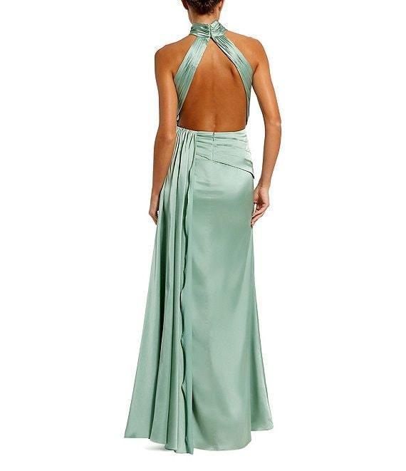 Mac Duggal Satin Halter Mock Neck Sleeveless Side Ruched Gown Product Image