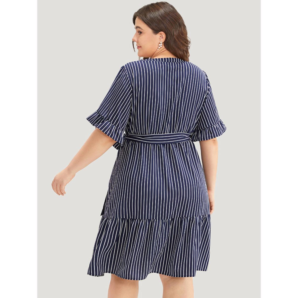 Plus Size Striped Belted Button Detail Flutter Sleeve Dress DarkBlue Women Casual Belted V-neck Short sleeve Curvy Midi Dress BloomChic 22-24/3X Product Image