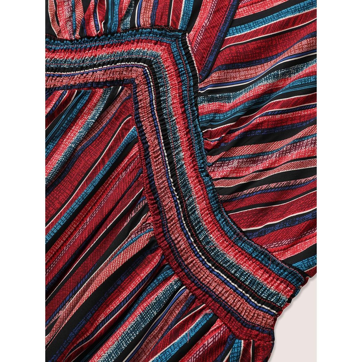 Plus Size Striped Contrast Dolman Sleeve Shirred Pocket Split Flutter Dress Red Women Boho Non V-neck Half Sleeve Curvy BloomChic 18-20/2X Product Image