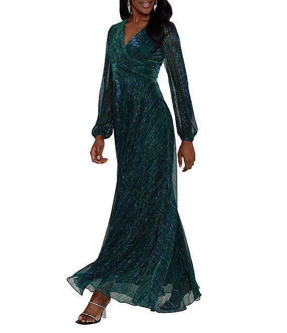 Betsy & Adam Metallic Long Sleeve V-Neck Gown Product Image