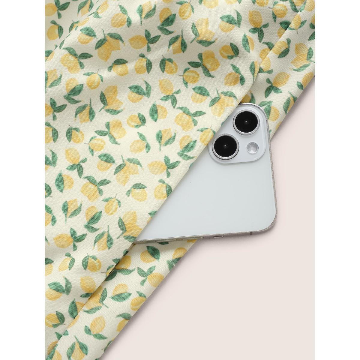 Plus Size Citrus Lemon Print Overlap Collar Lantern Sleeve Dress Yellow Women Elegant Overlapping Overlap Collar Short sleeve Curvy Midi Dress BloomChic 18-20/2X Product Image