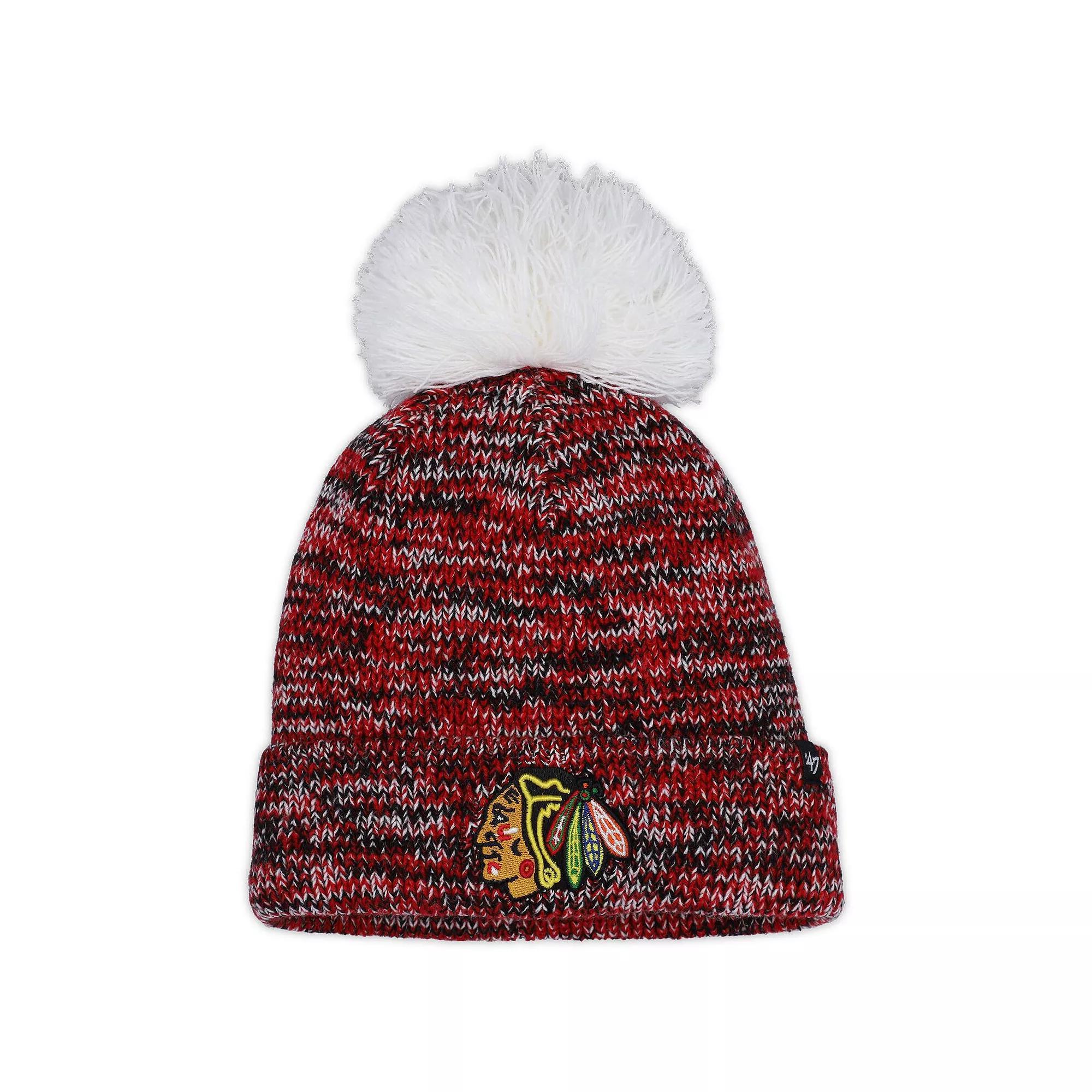 Women's '47 Black Chicago Blackhawks Triple Cross Cuffed Knit Hat with Pom, Red Product Image