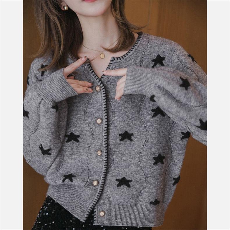 Round Neck Star Print Button Cropped Cardigan Product Image