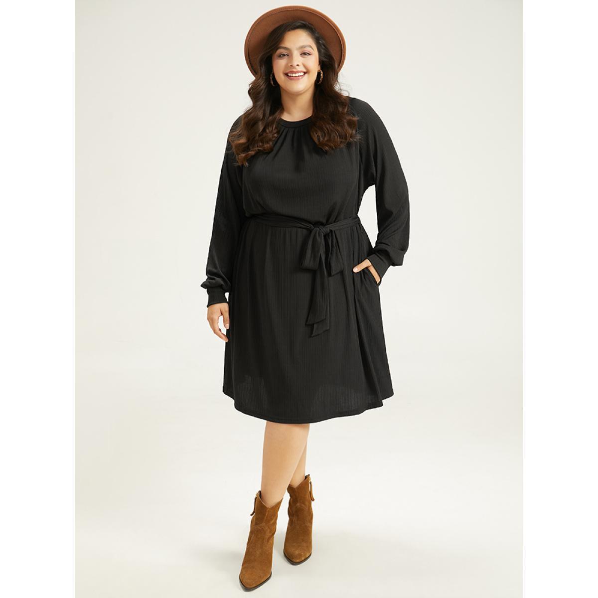Plus Size Rib Knit Solid Pocket Pleated Belted Dress Black Women Casual Plain Round Neck Long Sleeve Curvy Midi Dress BloomChic 10/M Product Image