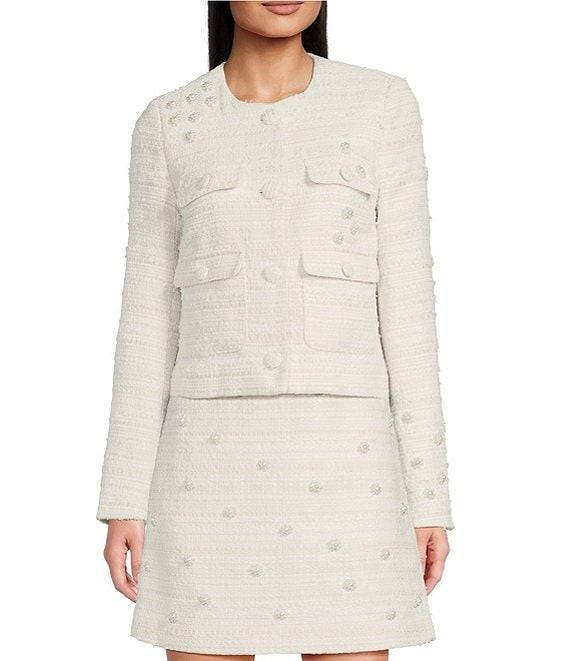 KARL LAGERFELD PARIS Coordinating Tweed Pearl Flower Round Neck Long Sleeve Button Front Jacket Product Image