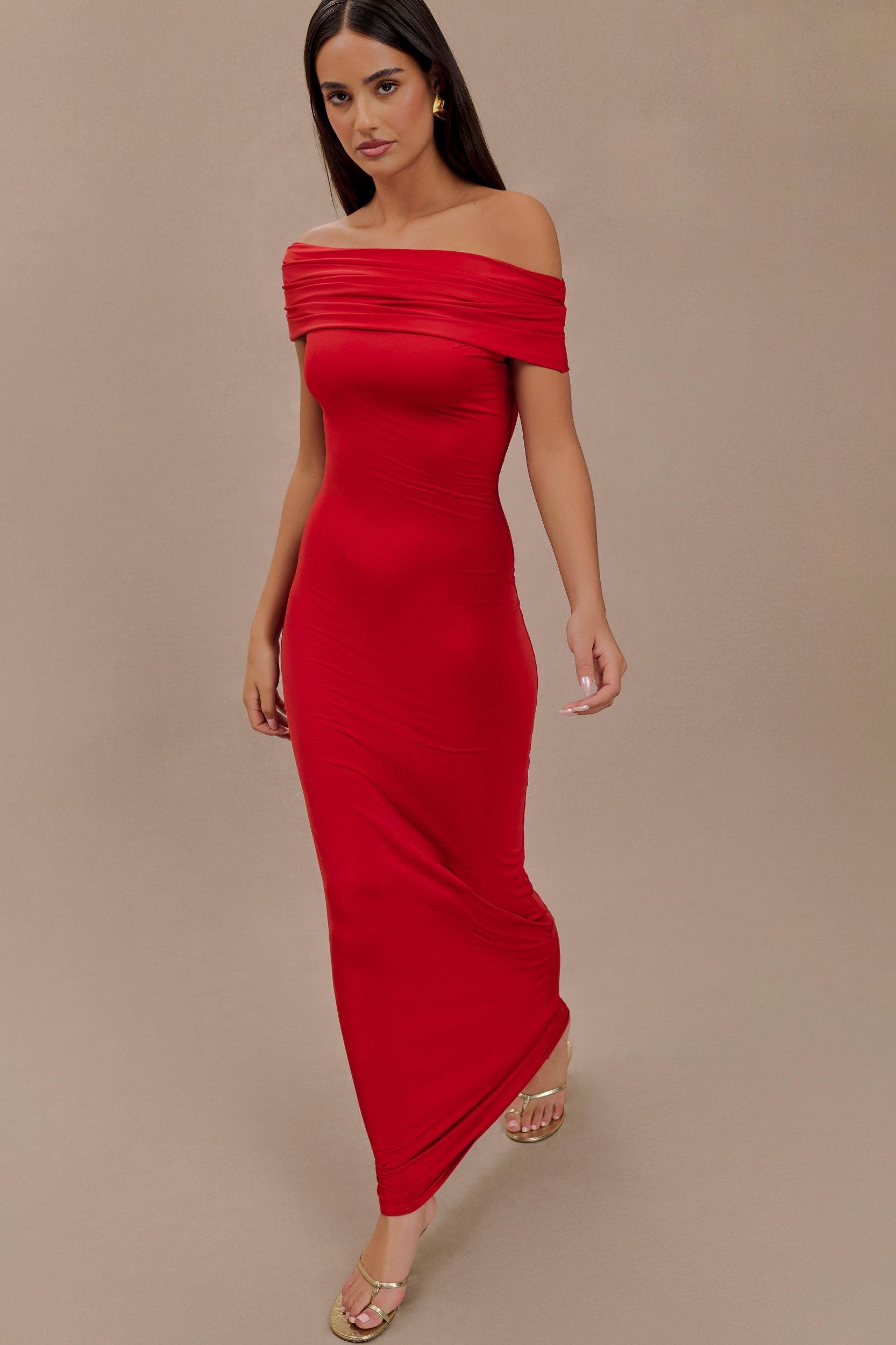 Cassandra Off Shoulder Slinky Maxi Dress - Red Product Image