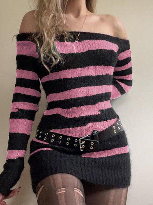 Off Shoulder Striped Knitted Mini Dress Product Image