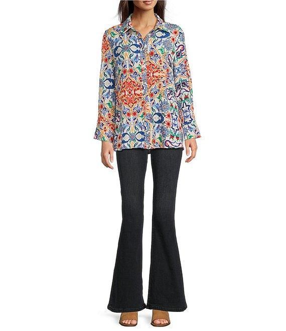 Calessa Florentine Mosaic Printed Textured Crinkle Spread Collar Long Sleeve Button Front Tunic Product Image