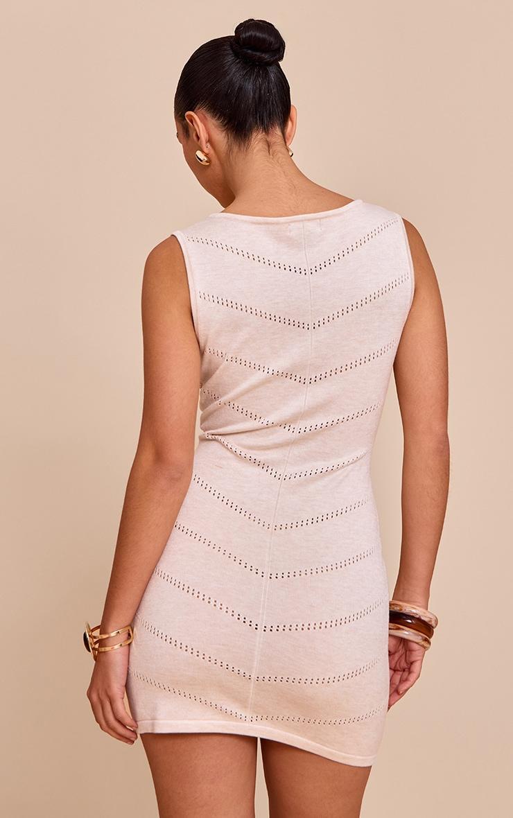 Oatmeal Soft Knit Pointelle Detail Boat Neck Mini Dress Product Image
