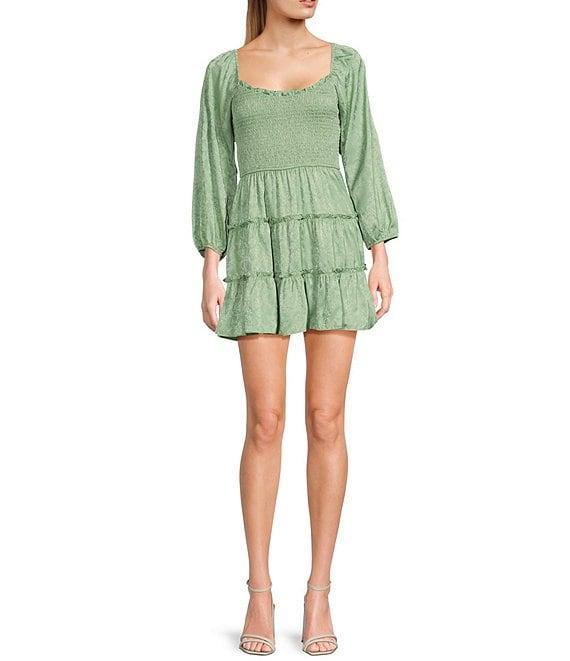 B. Darlin Floral Satin Jacquard Long Sleeve Square Neck Tiered Dress Product Image